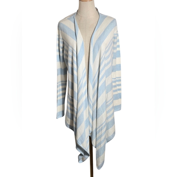 Barbour Harewood Cardigan Open Front Blue White Striped Merino Wool Cotton - Picture 1 of 9